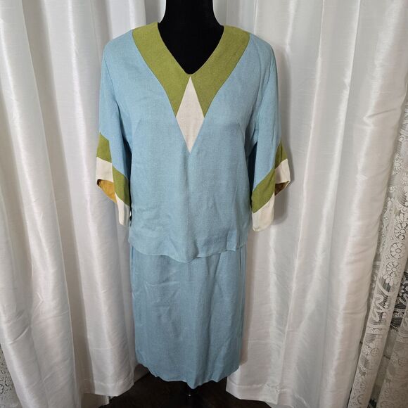 True Vintage 60s Skirt Suit Julie Miller Blouse Skirt Set 15/16 Womens Blue Gree - Picture 1 of 16